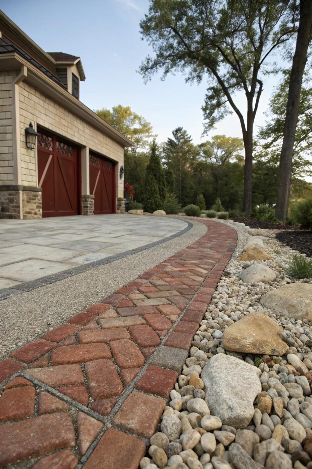 Mixing materials adds texture and depth to driveway designs.