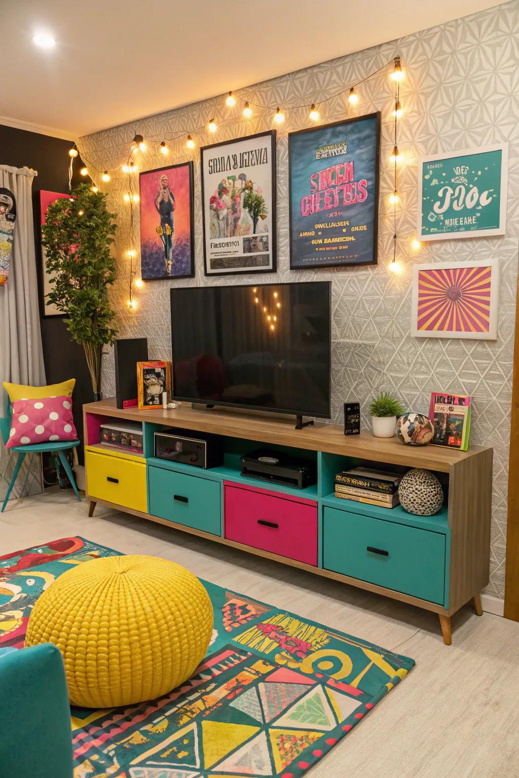 Bright decor elements add a pop of color to this media center.