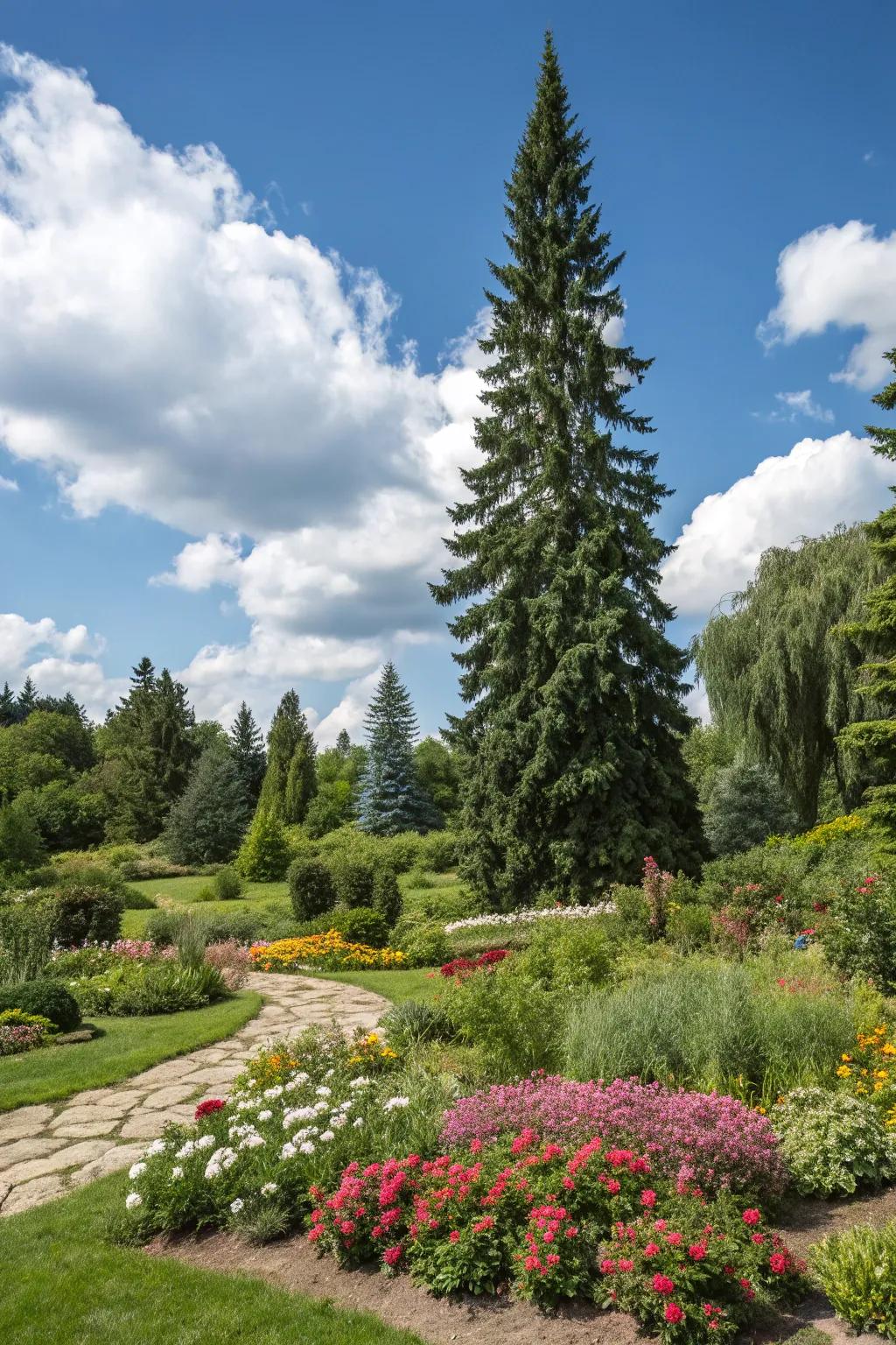 A garden featuring a striking evergreen as a focal point.