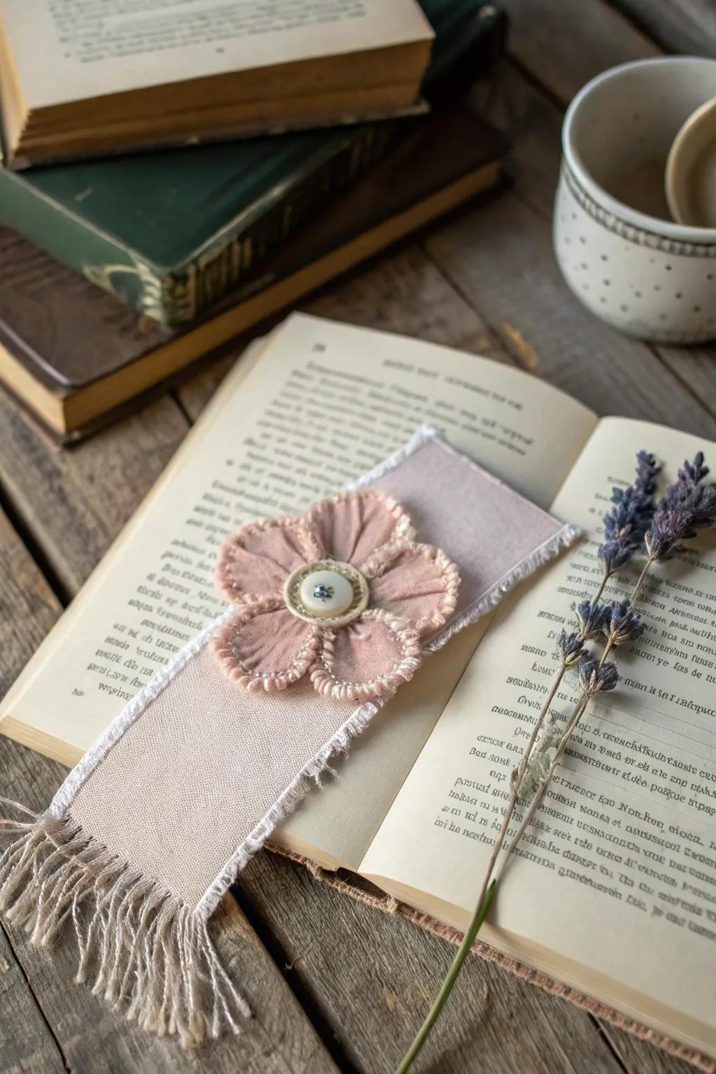 Elevate your reading experience with a hint of handcrafted refinement. 🌼📚 #MinimalistBoho #FabricFlowerBookmark