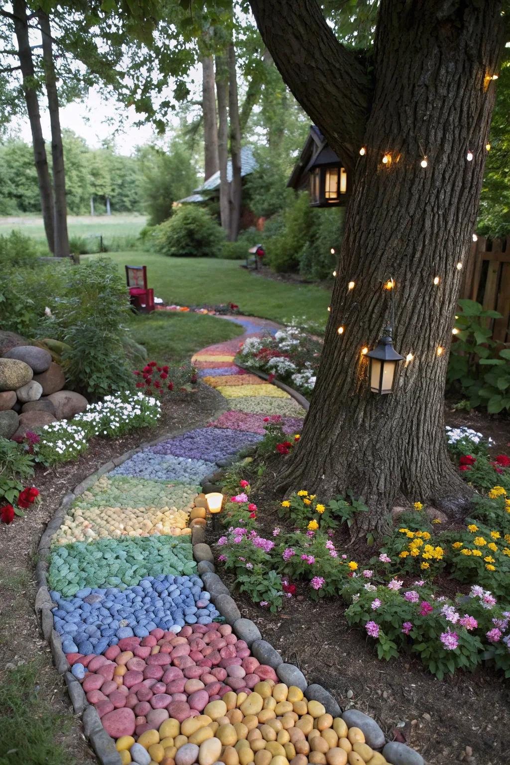 Vibrant pebble paths guiding fairies home.