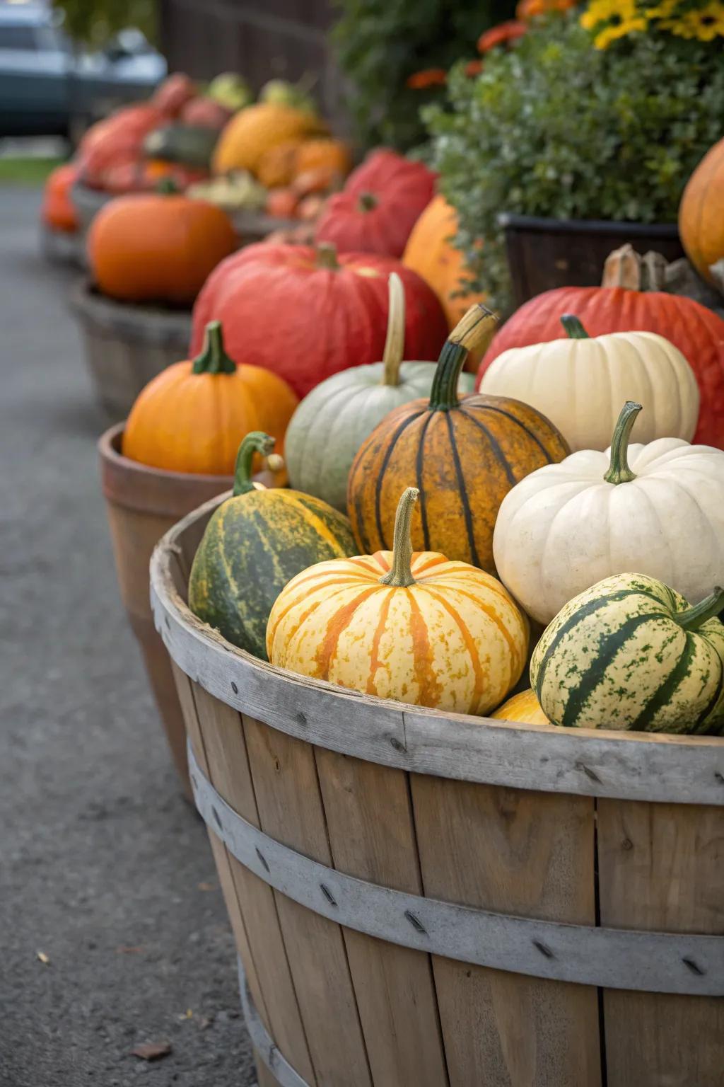 Heirloom pumpkins create a unique and eclectic autumn display.