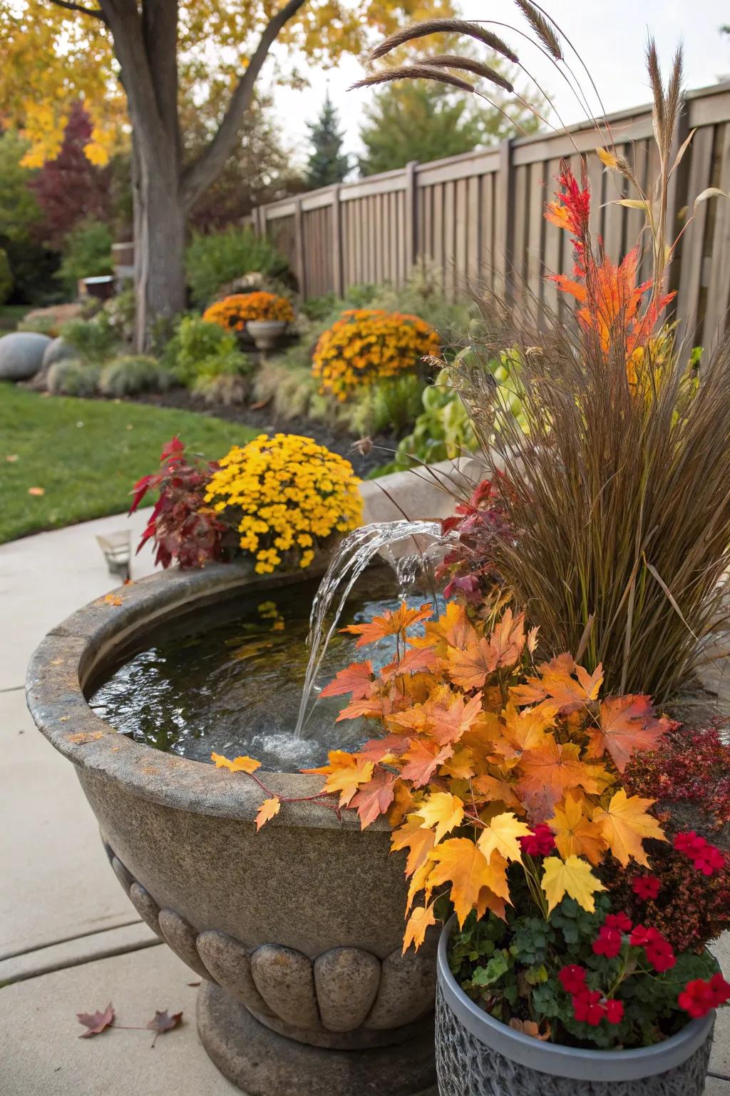Water features add soothing sounds to fall planters.