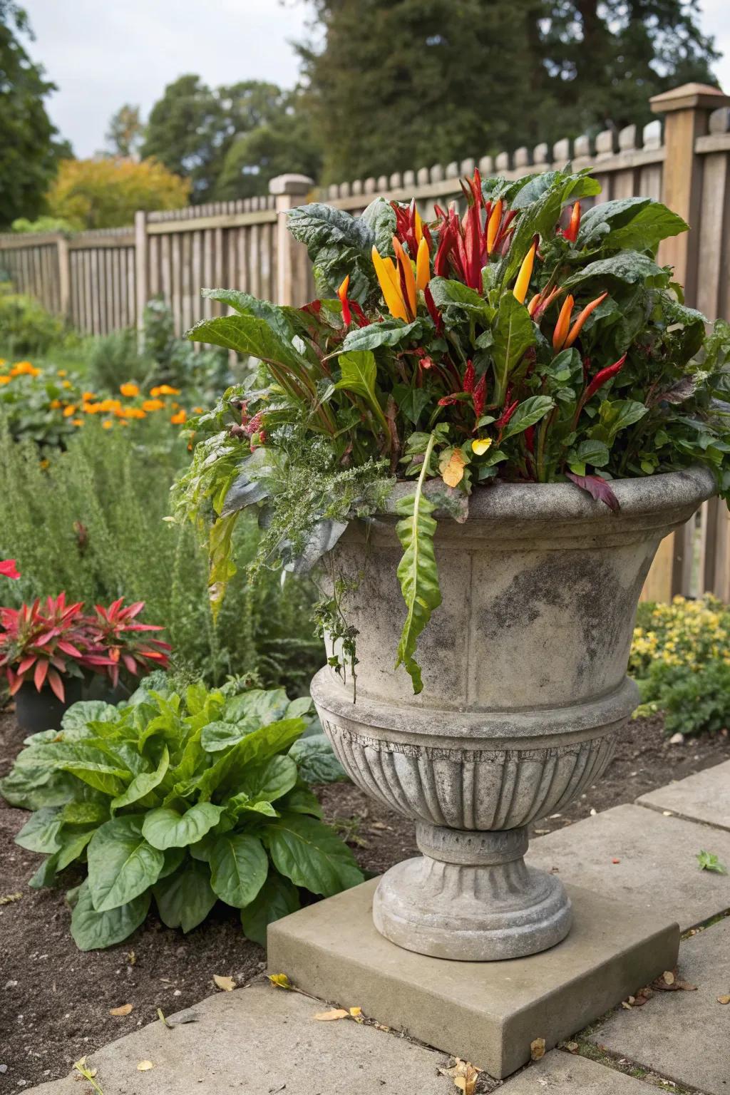 Vibrant vegetables in an autumn container display.