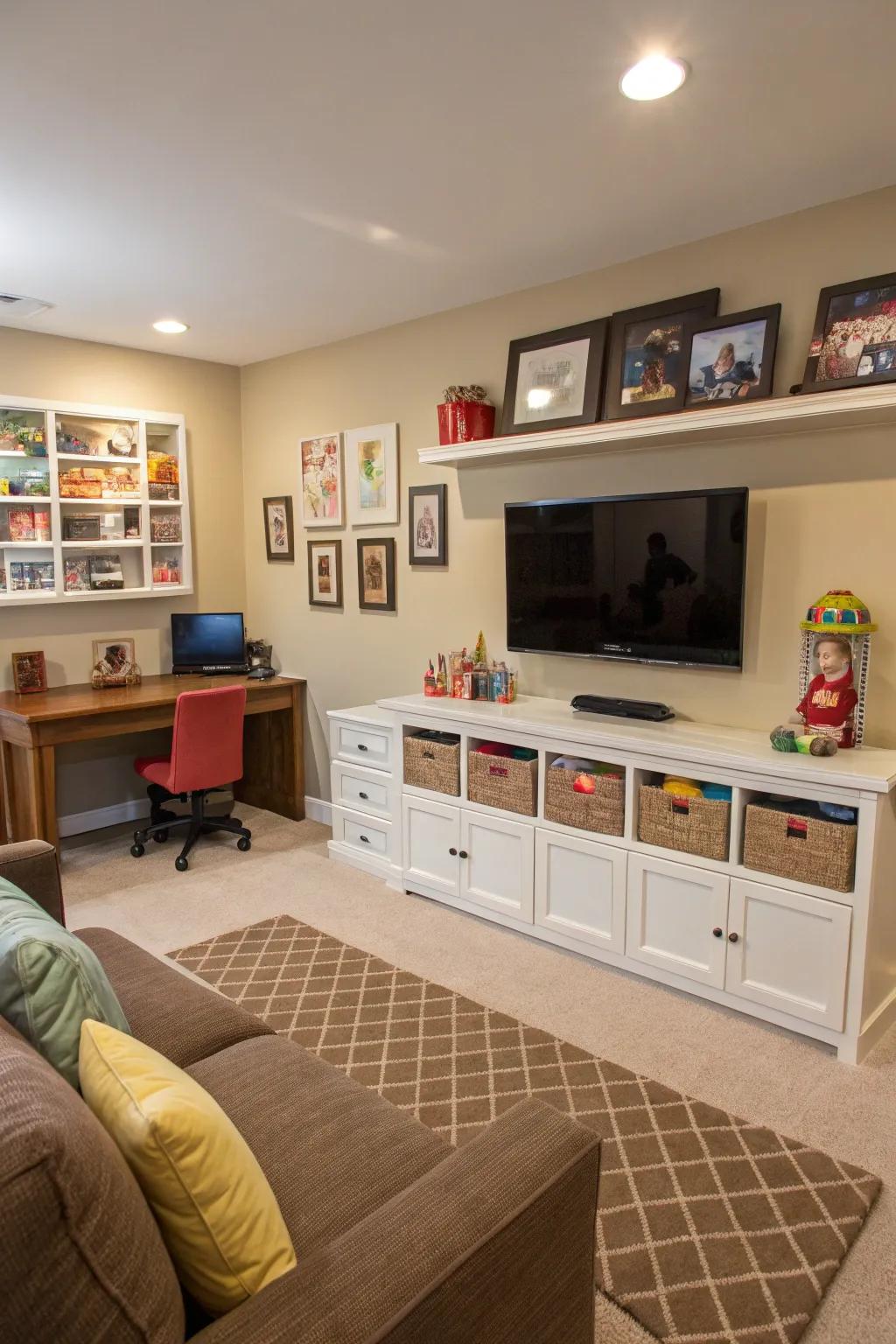 A multi-purpose zone integrates seamlessly into the family room.