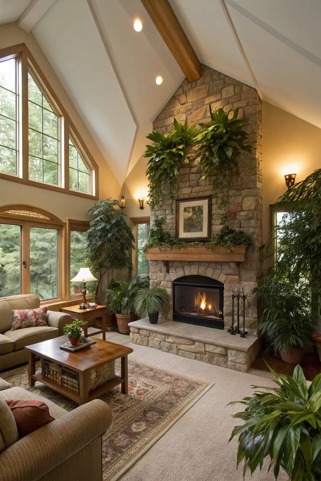 Greenery surrounding a fireplace creates a natural ambiance.