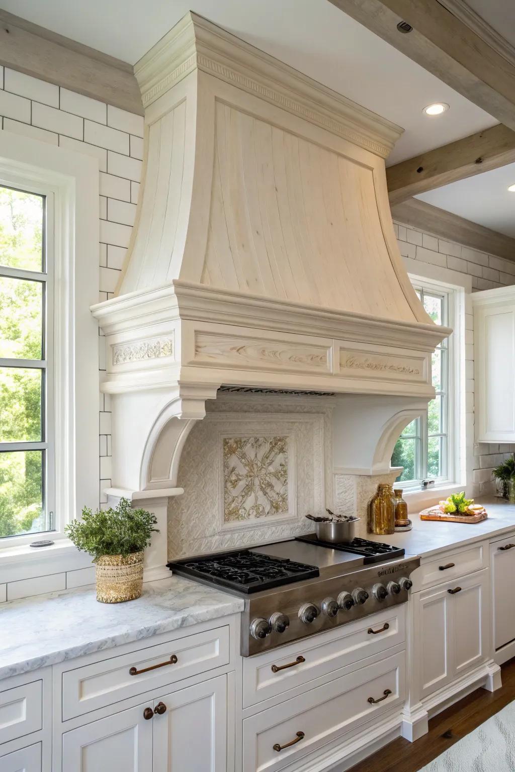A traditional ivory range hood delivers ageless elegance.