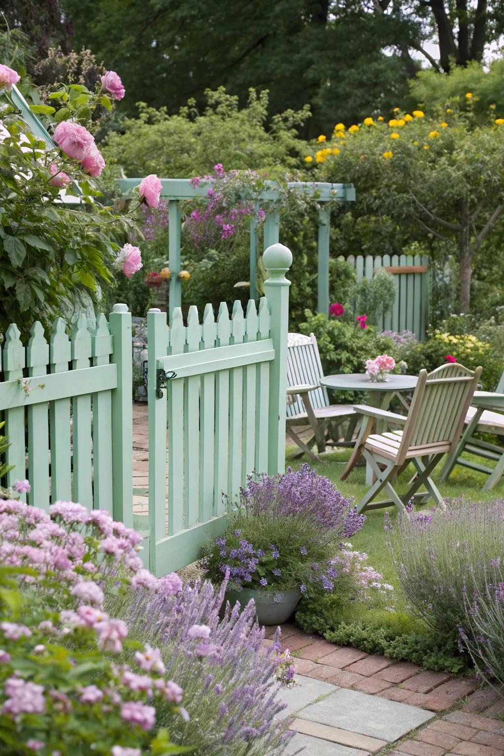 Mint green fences create a fresh and inviting atmosphere.