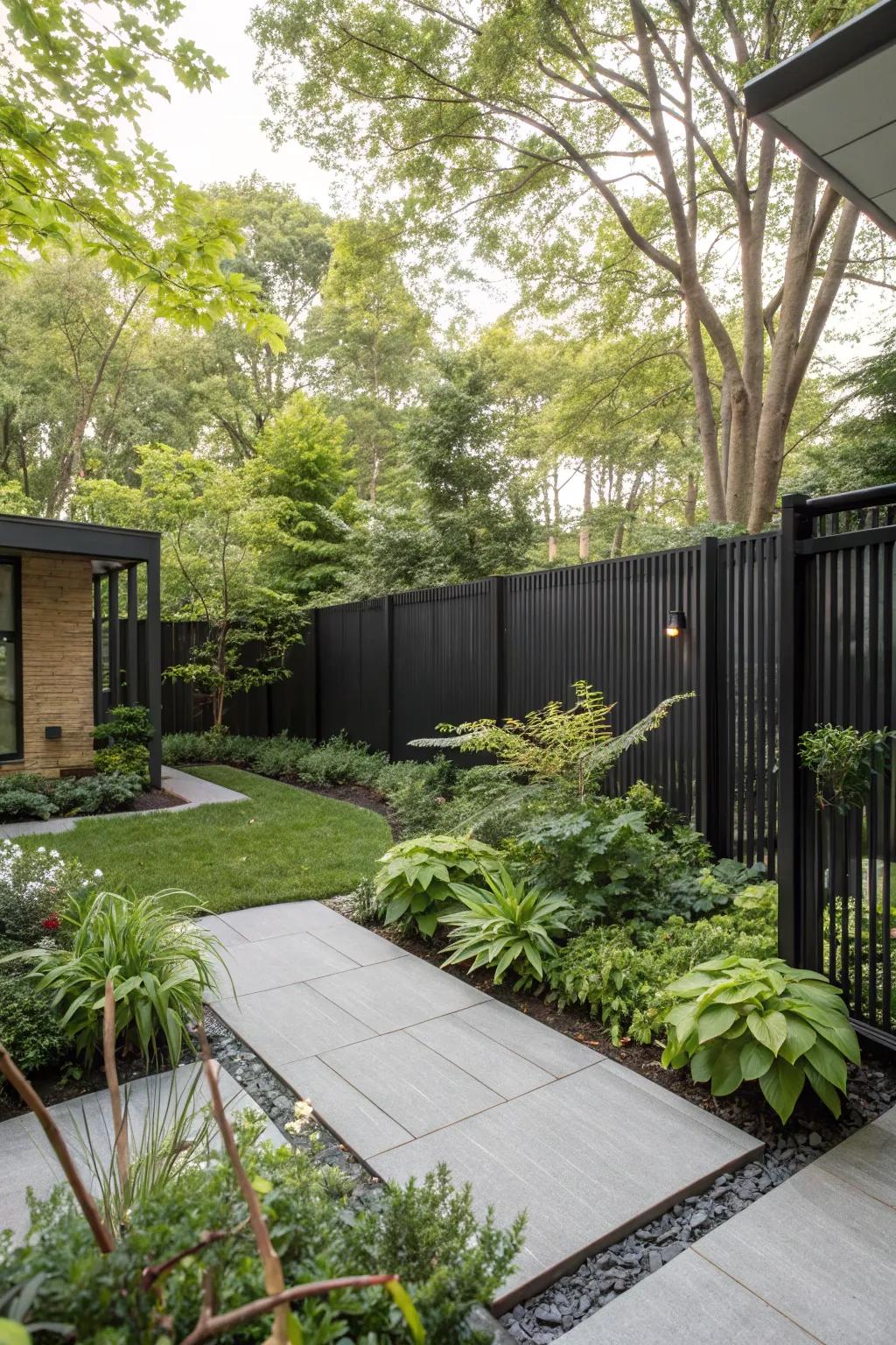 Bold dark fencing makes a striking contrast with plants.