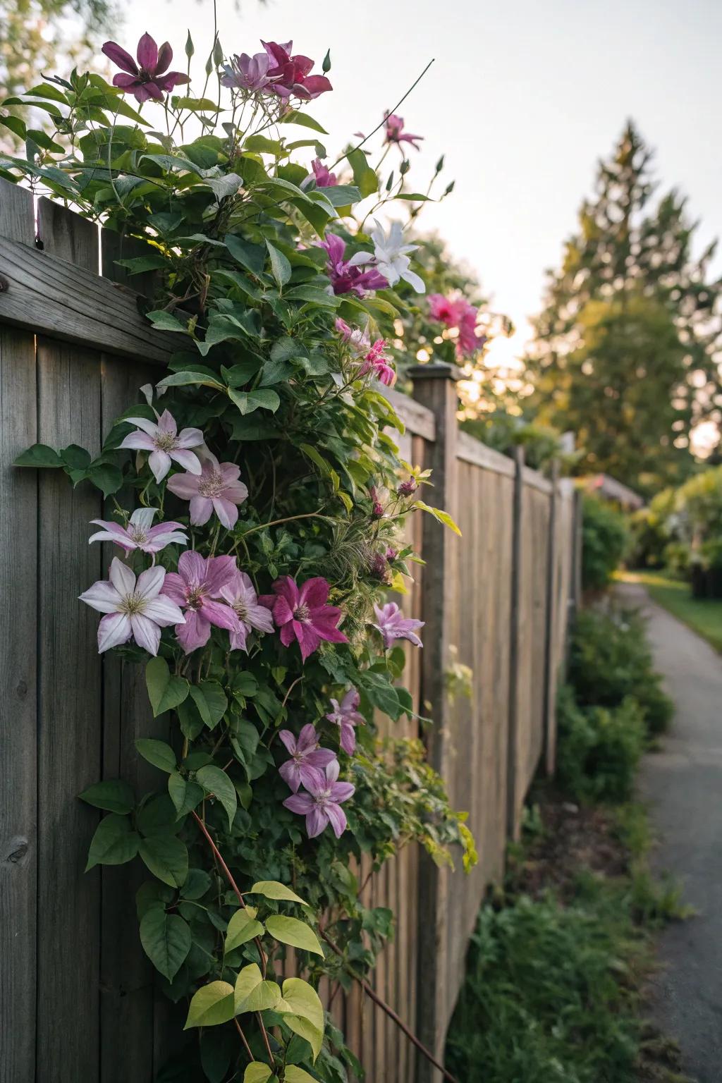 Clematis vines add vibrant color and texture to fences.
