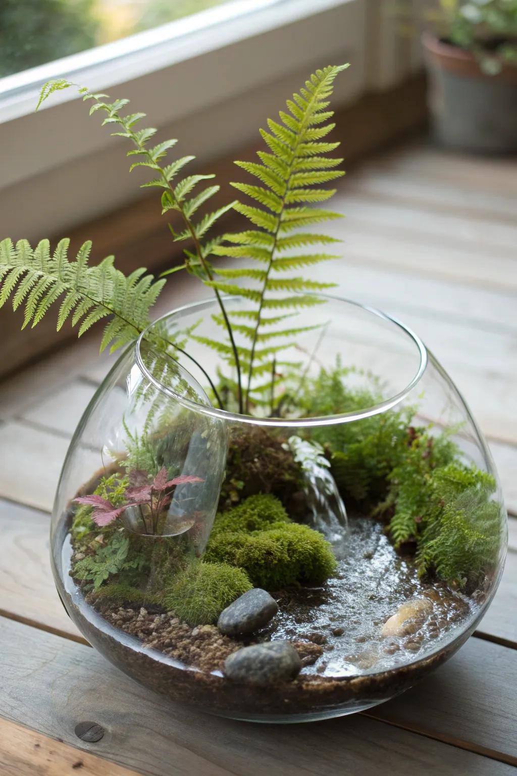 Bring a slice of the rainforest into your home with this serene fern terrarium, showcasing the perfect blend of simplicity and natural beauty.