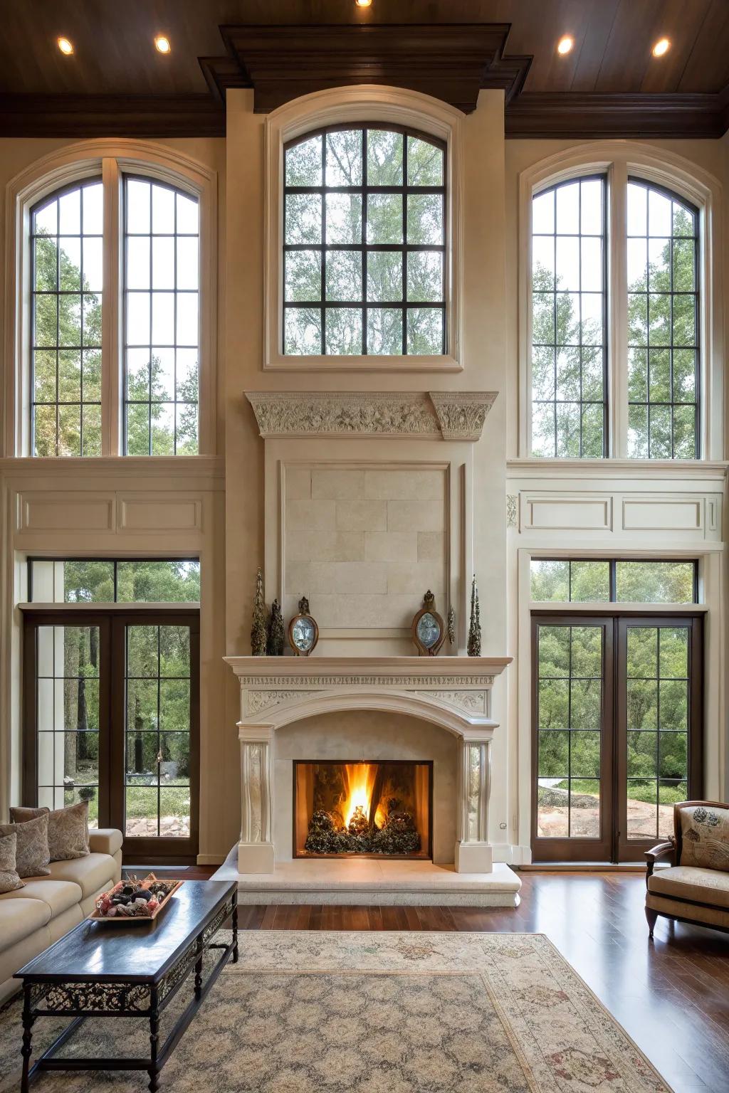 The bold design of the fireplace is highlighted by expansive windows.