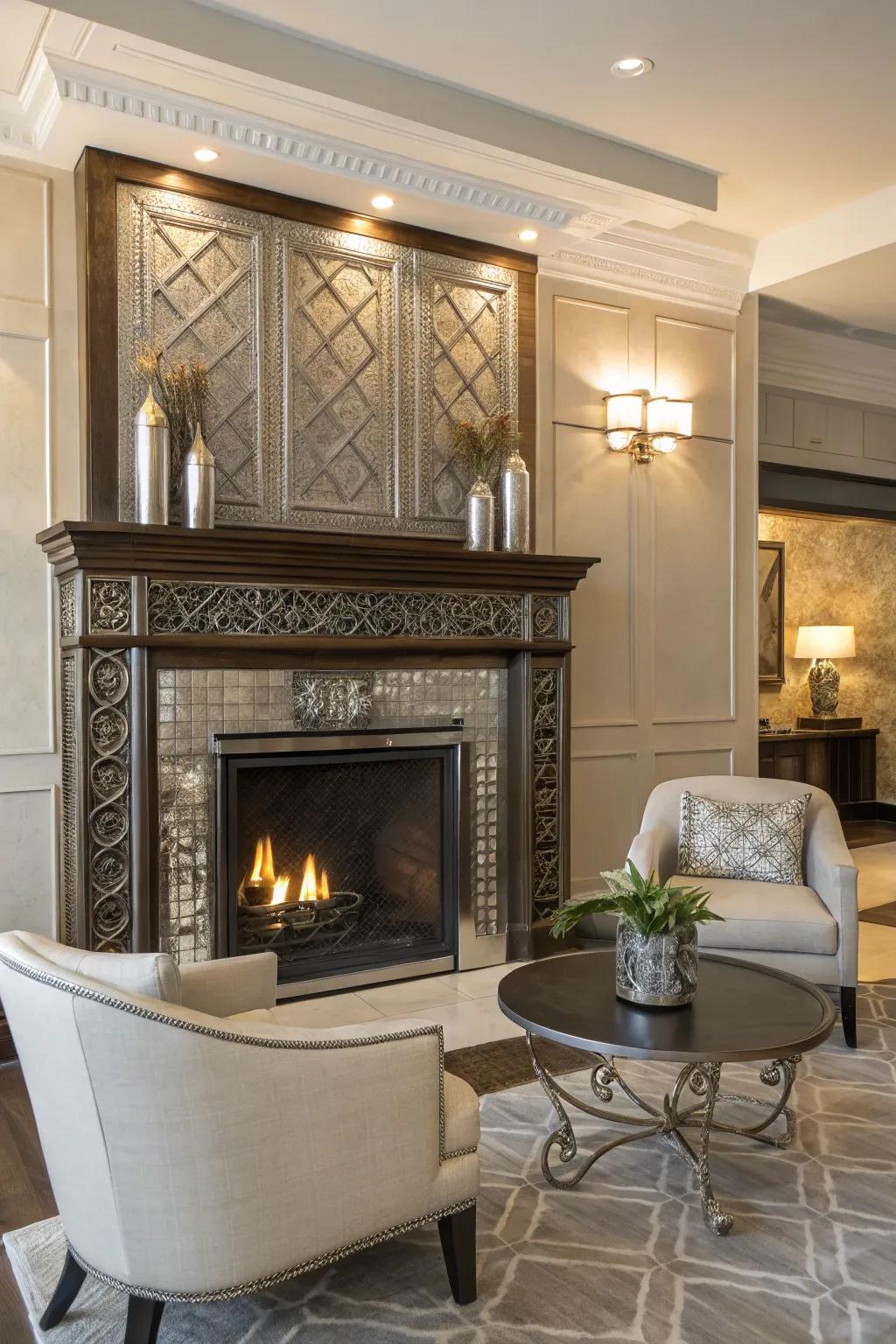 Metallic touches enhance the charm of this fireplace.