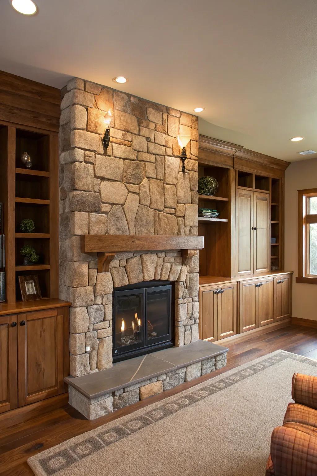 Natural stone and wood create a timeless and earthy living space.