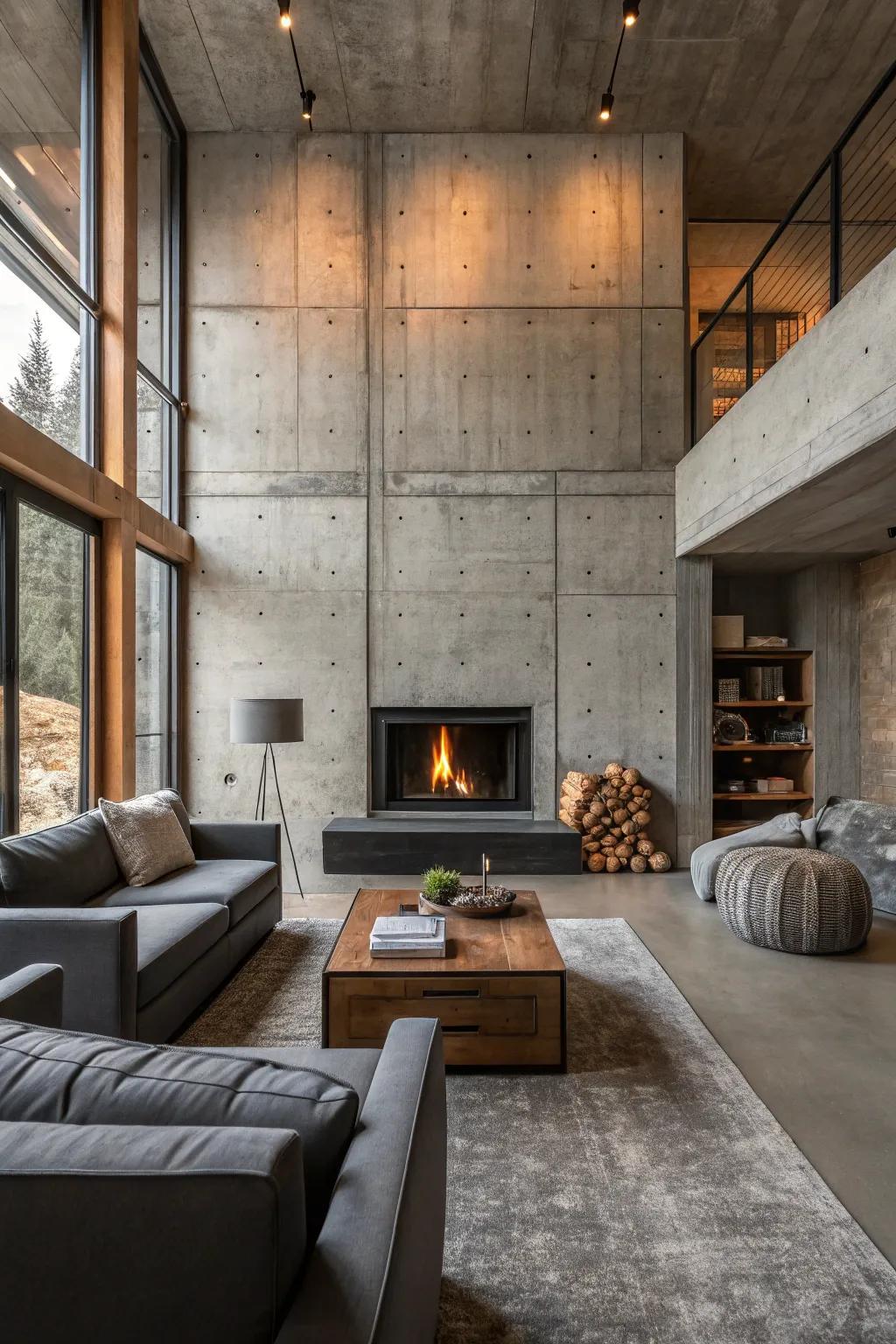 A cool, industrial living room highlights a fireplace with a raw concrete surround.