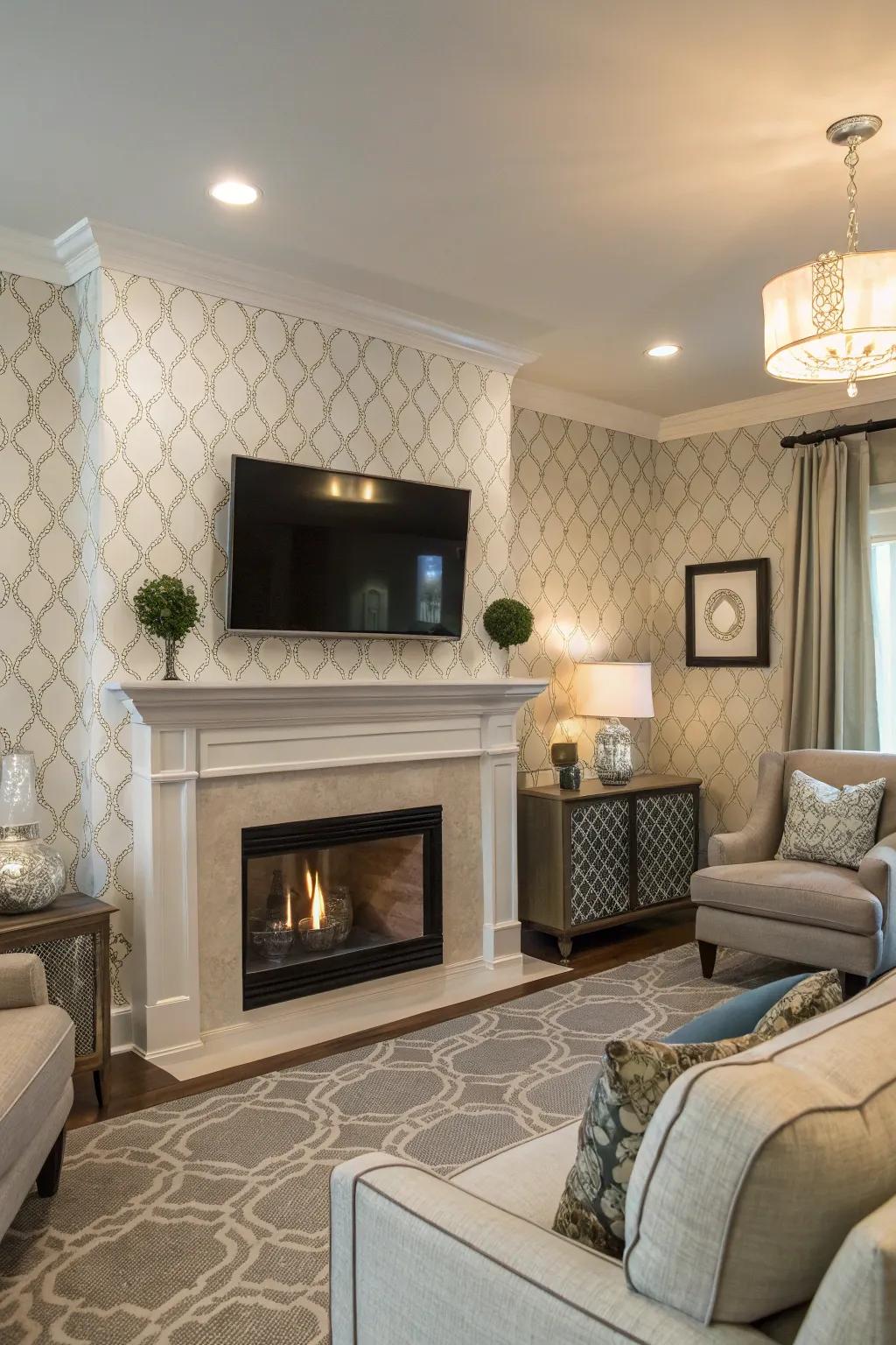 A family room featuring styled wall covering on a fireplace wall with a TV.