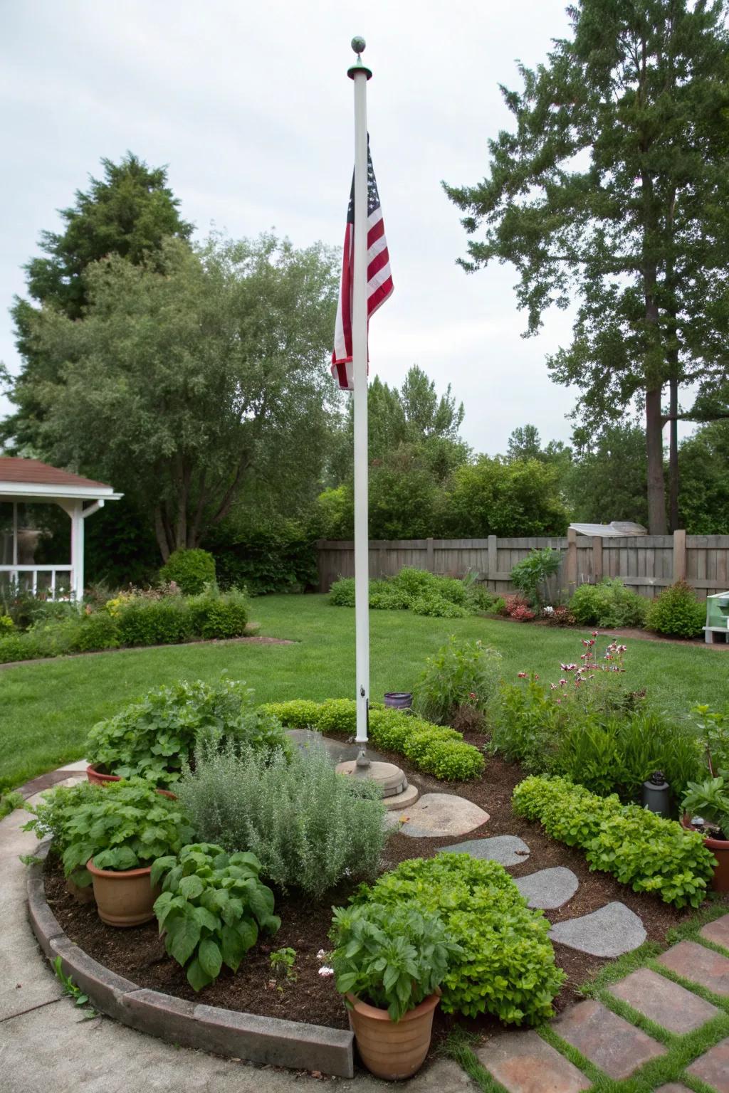 An herb garden adds fragrance and function to a flagpole area.
