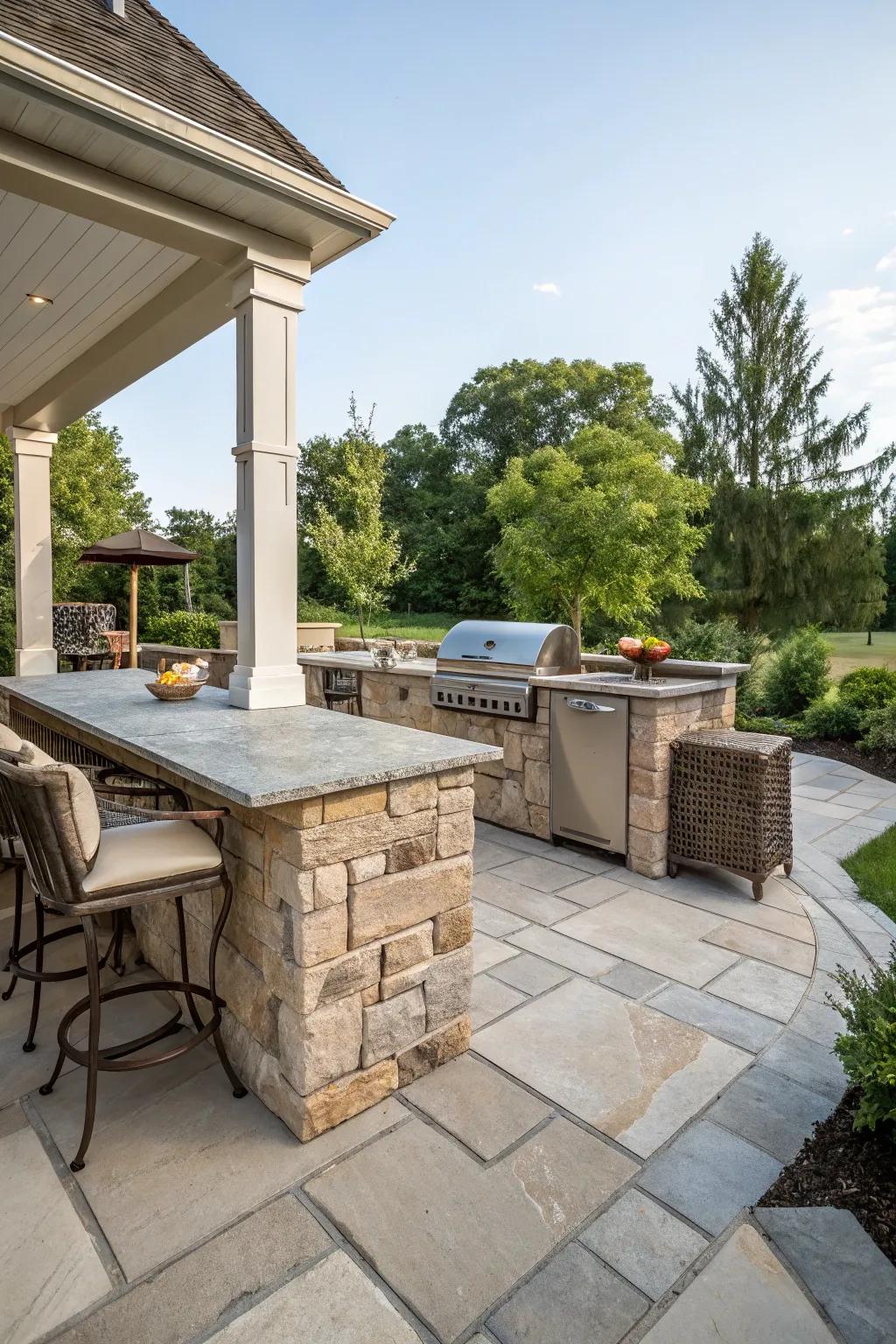 Flagstone edging adds sophistication to outdoor kitchens.