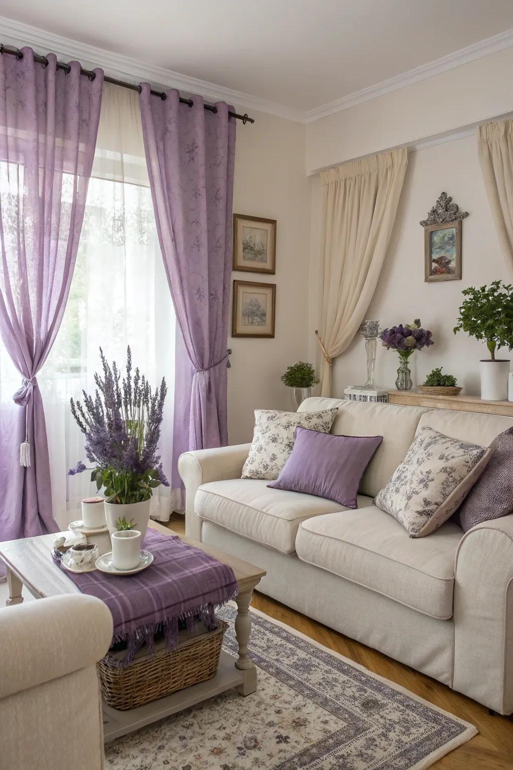 A living room with lavender accents in decor.