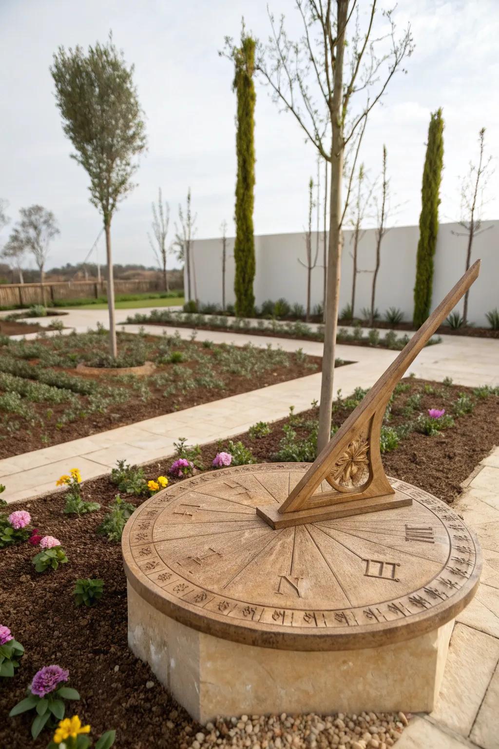 Illuminate your garden with a touch of elegance: embrace natural beauty with a sun dial centerpiece.