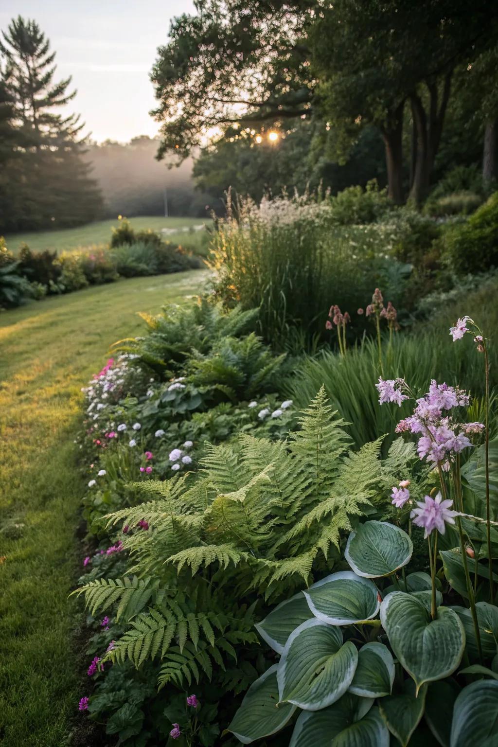 A lush flower border in a shady area featuring shade-tolerant plants like ferns and hostas.