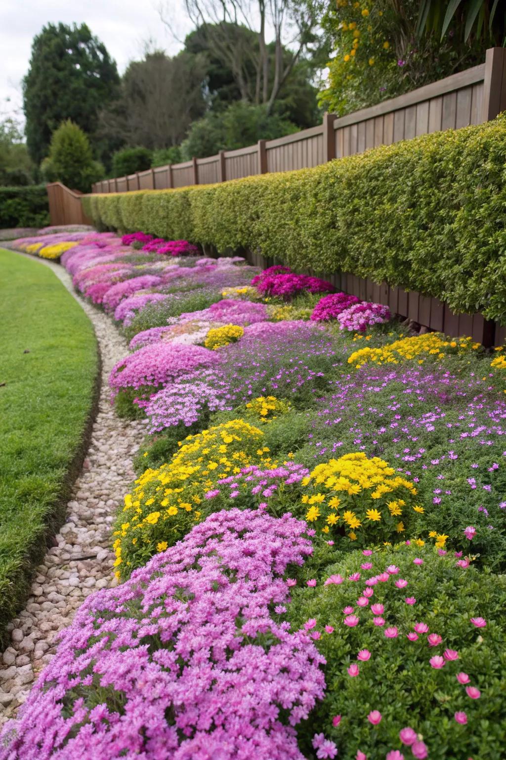 Flowering groundcovers create a colorful carpet in the garden.