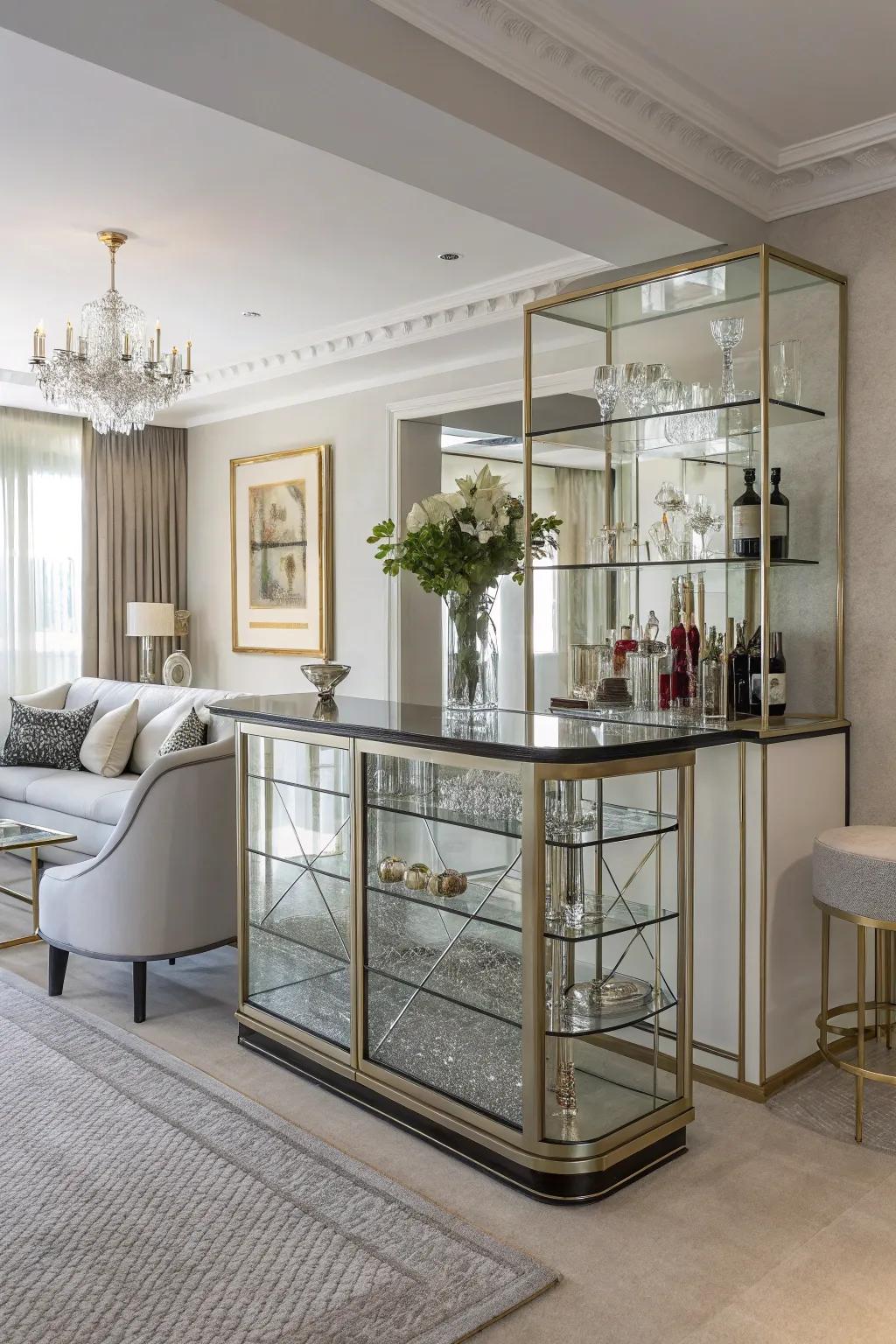 A glass and glam bar that adds a modern touch of elegance.