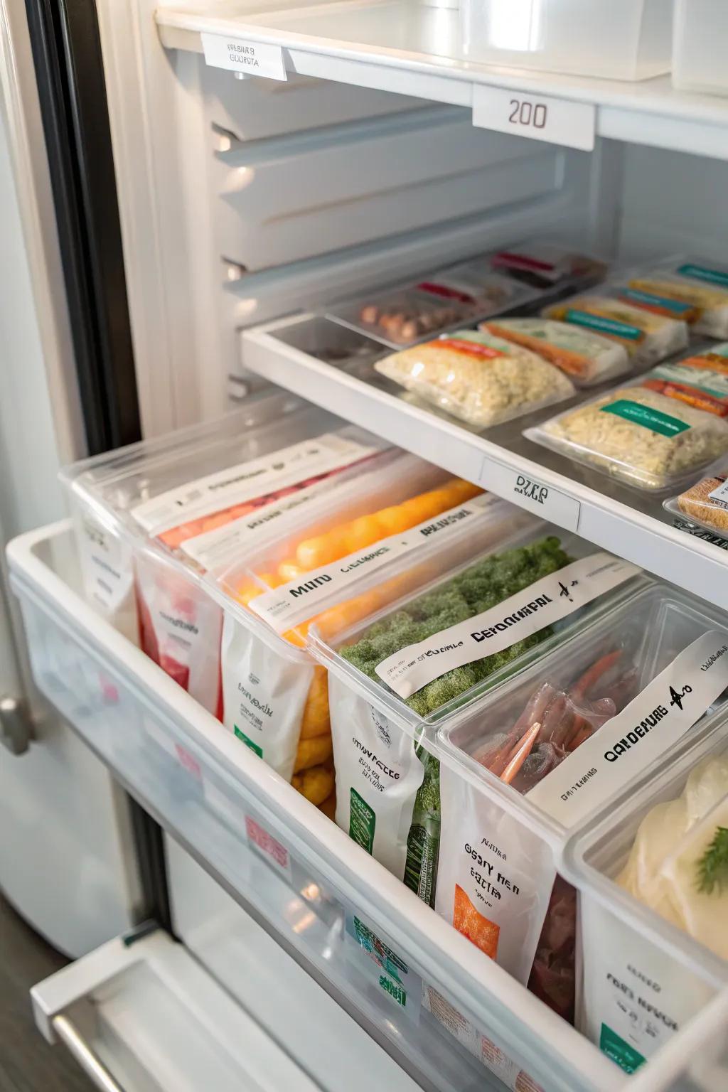 Reusable freezer bags help consolidate and organize food.