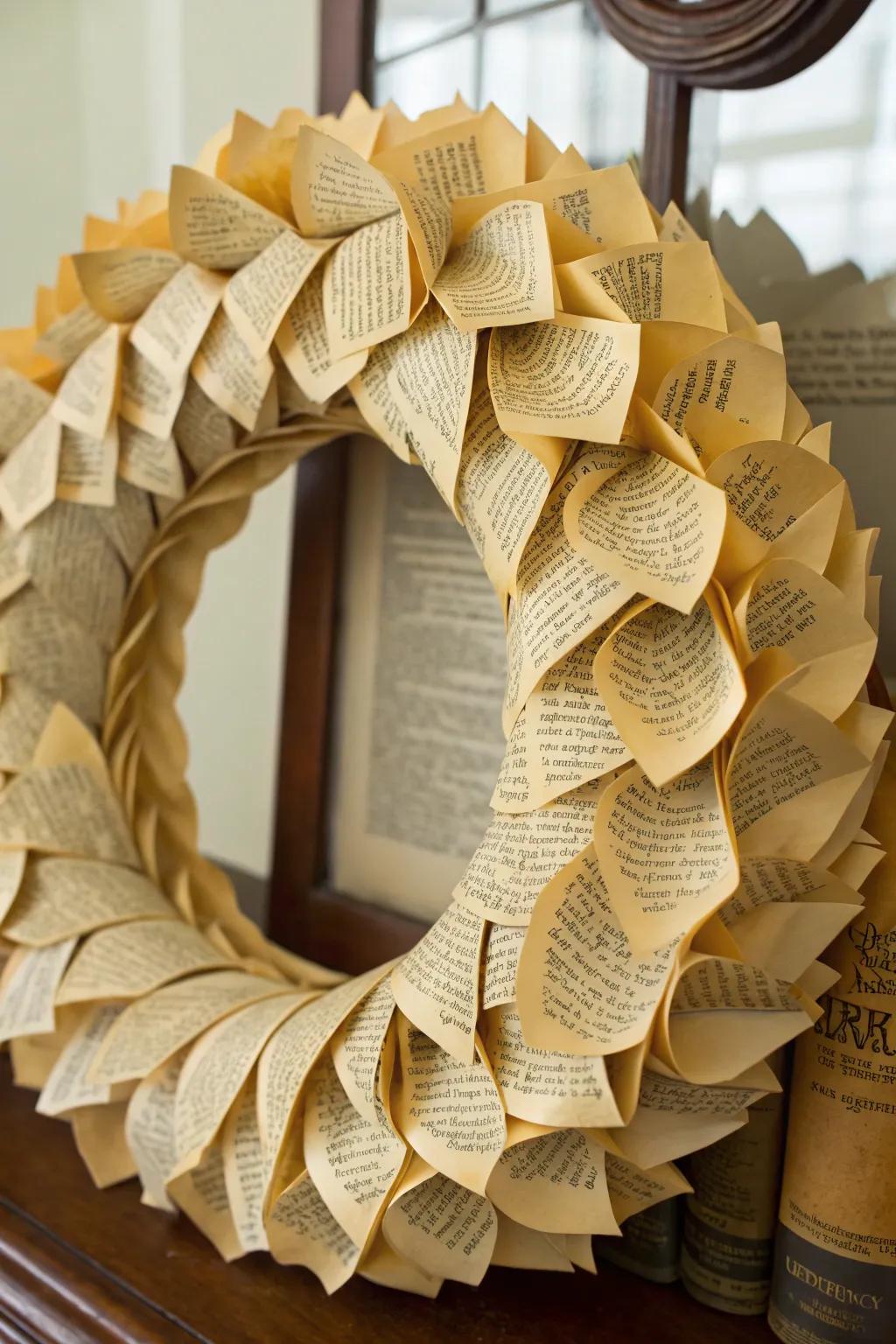 A vintage book page wreath dispensing a singular literary charm.