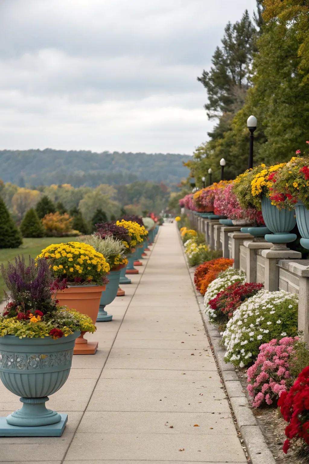 Containers flaunting seasonal blossoms impart charm and liveliness.