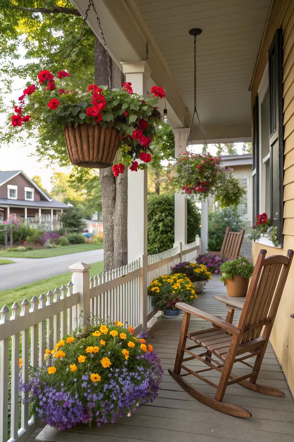 Suspended baskets deliver a burst of color and enhance garden aesthetics.