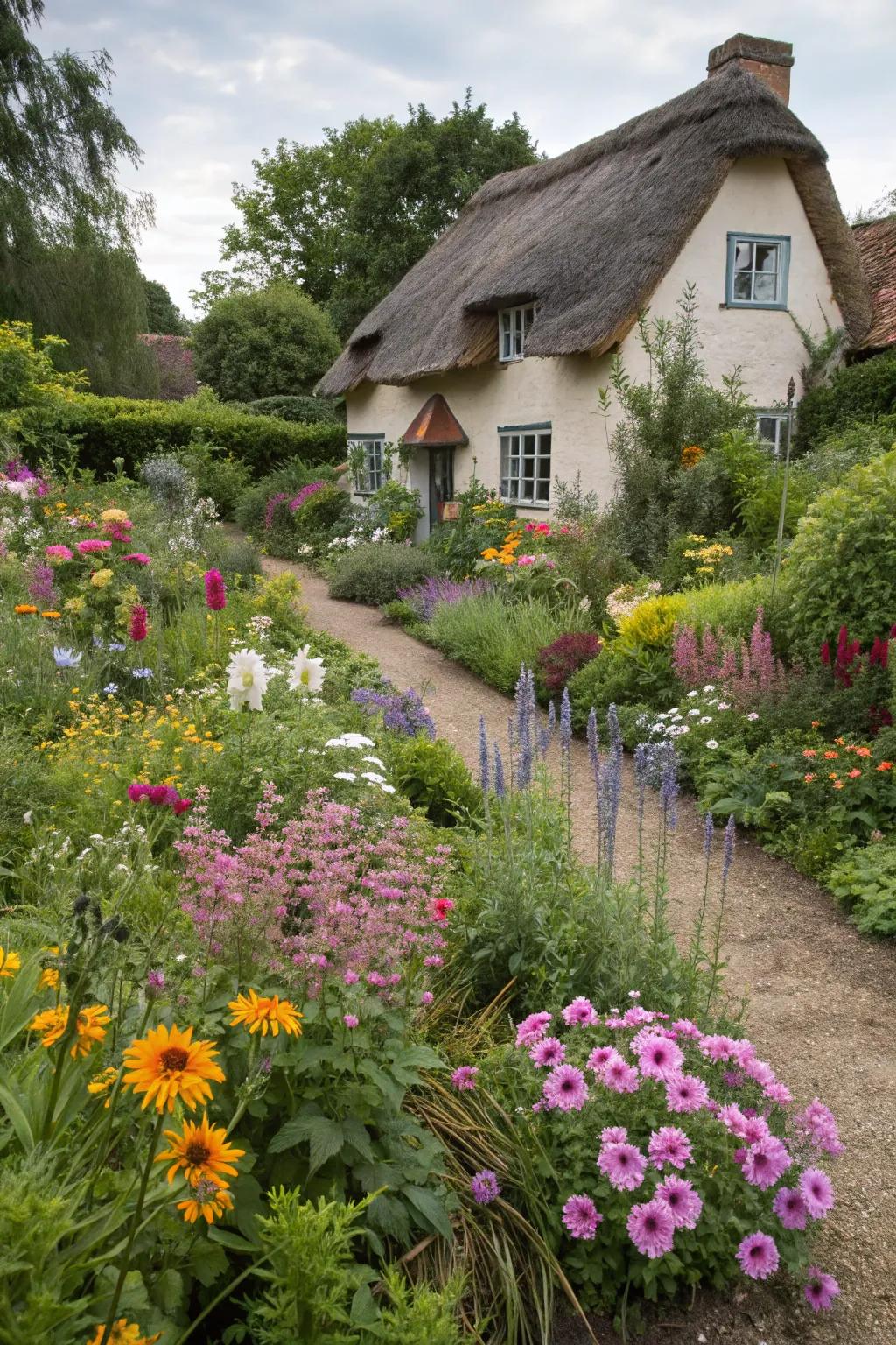 Cottage-style gardens welcome guests with a charming and cozy feel.