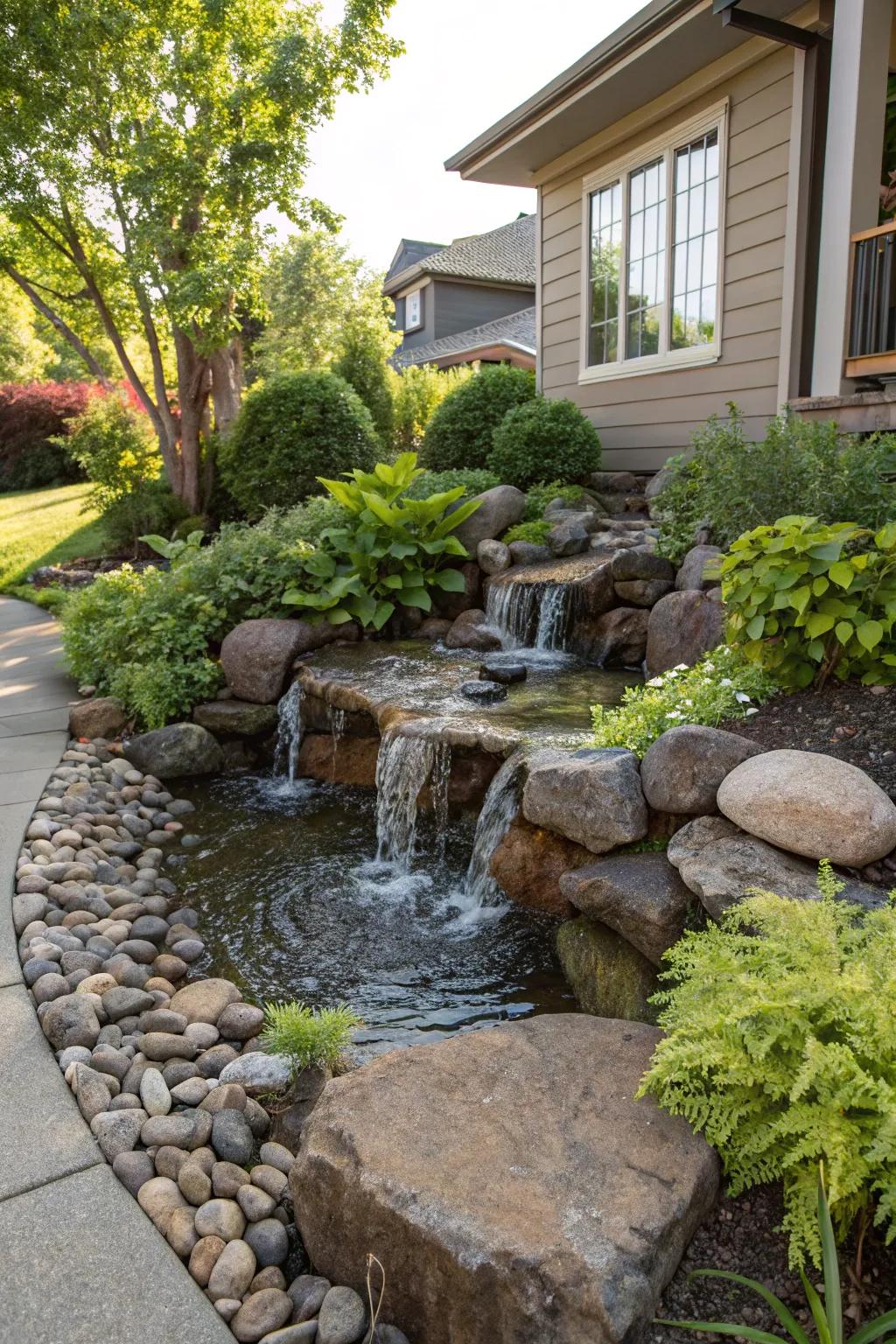 Water features with river rocks bring tranquility to your yard.