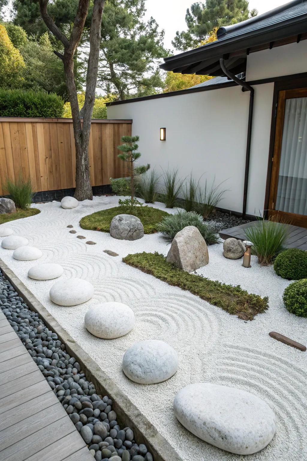 Find peace in a Zen garden with white rocks.