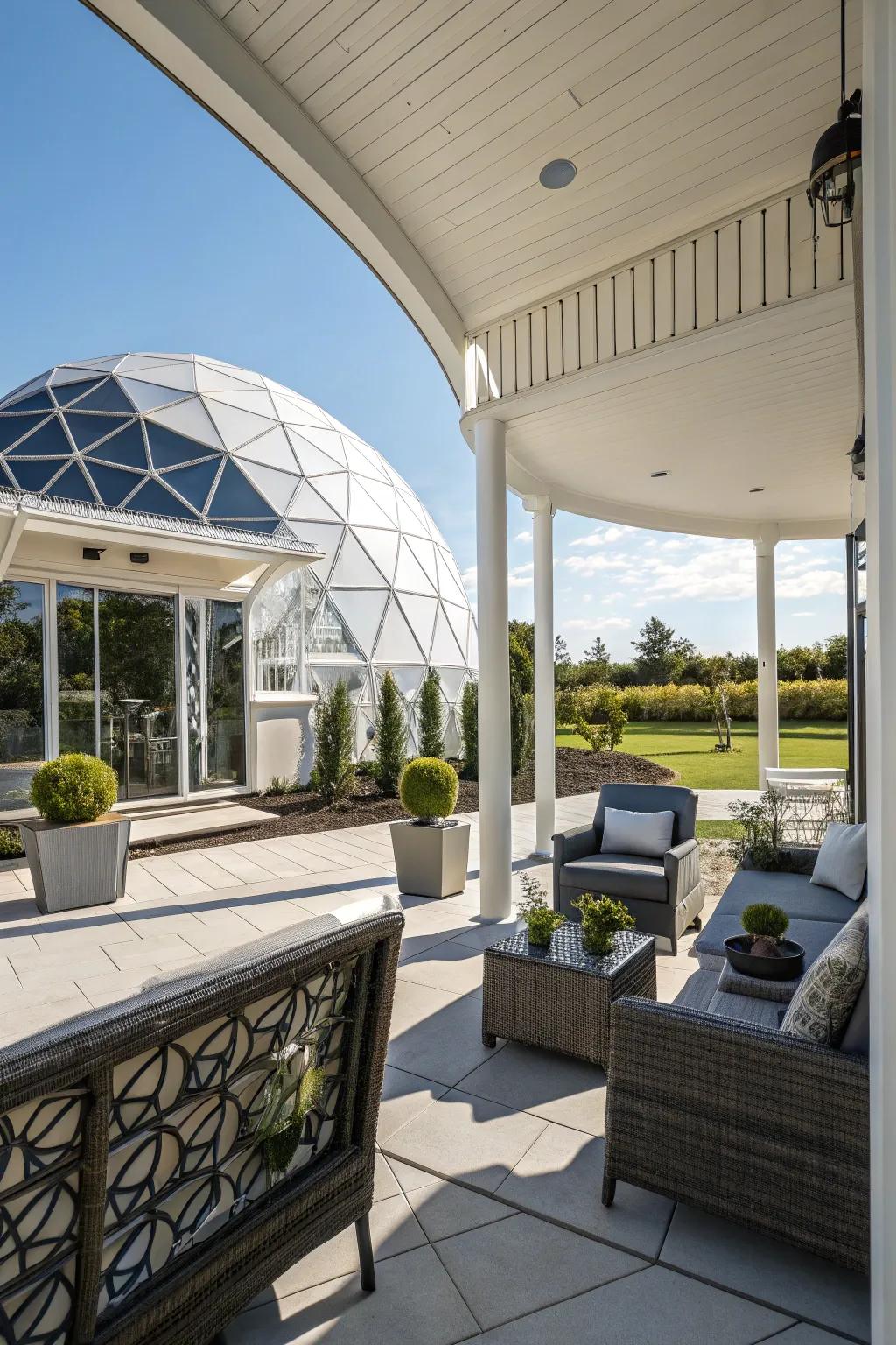 Geodesic rounded awnings present a futuristic design.