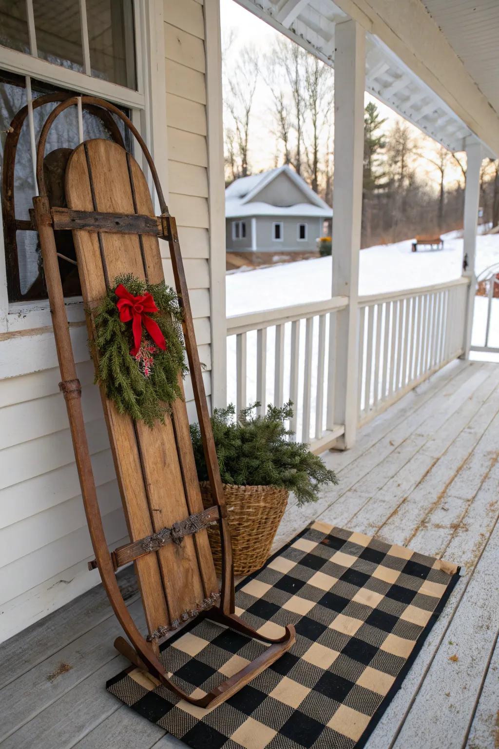 A vintage sliding board appends nostalgic charm to your porch decor.