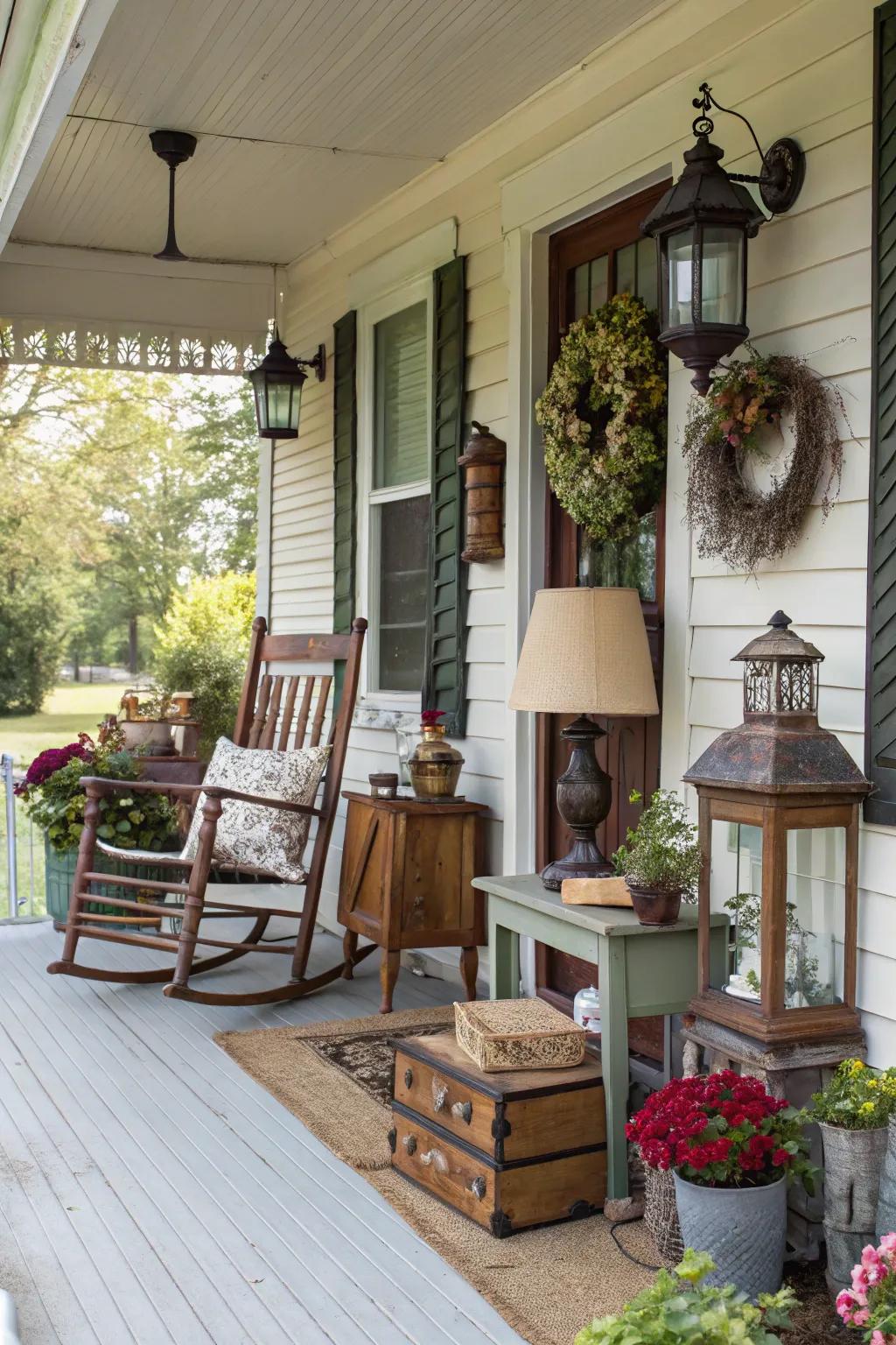 Vintage finds add charm and character to the porch.