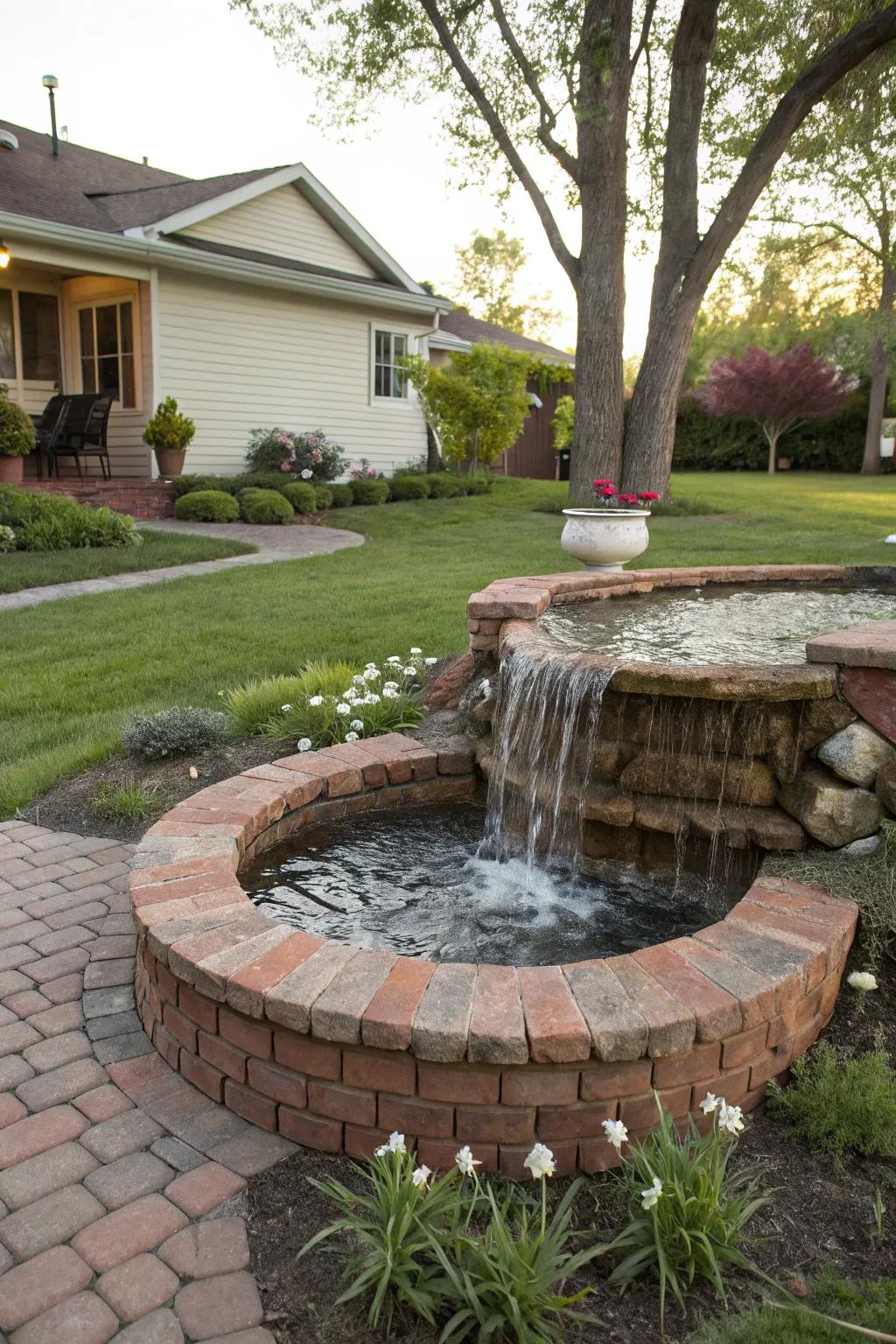 A stone hydration feature brings a soothing presence to the garden.