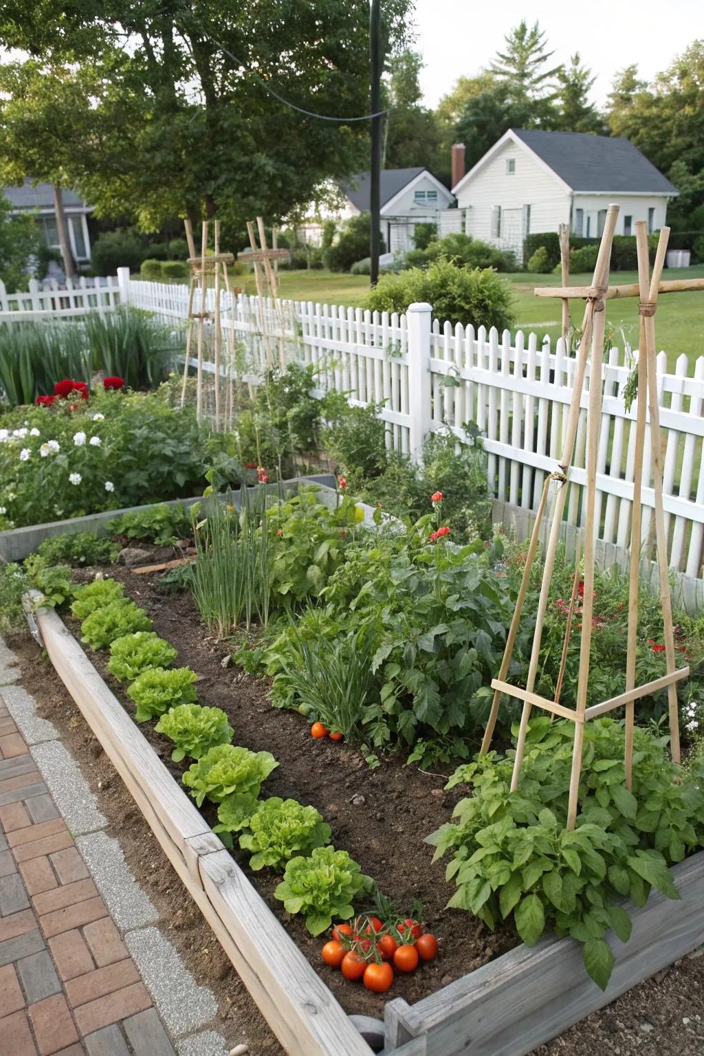 A corner lot garden featuring integrated herbs and vegetables for beauty and utility.