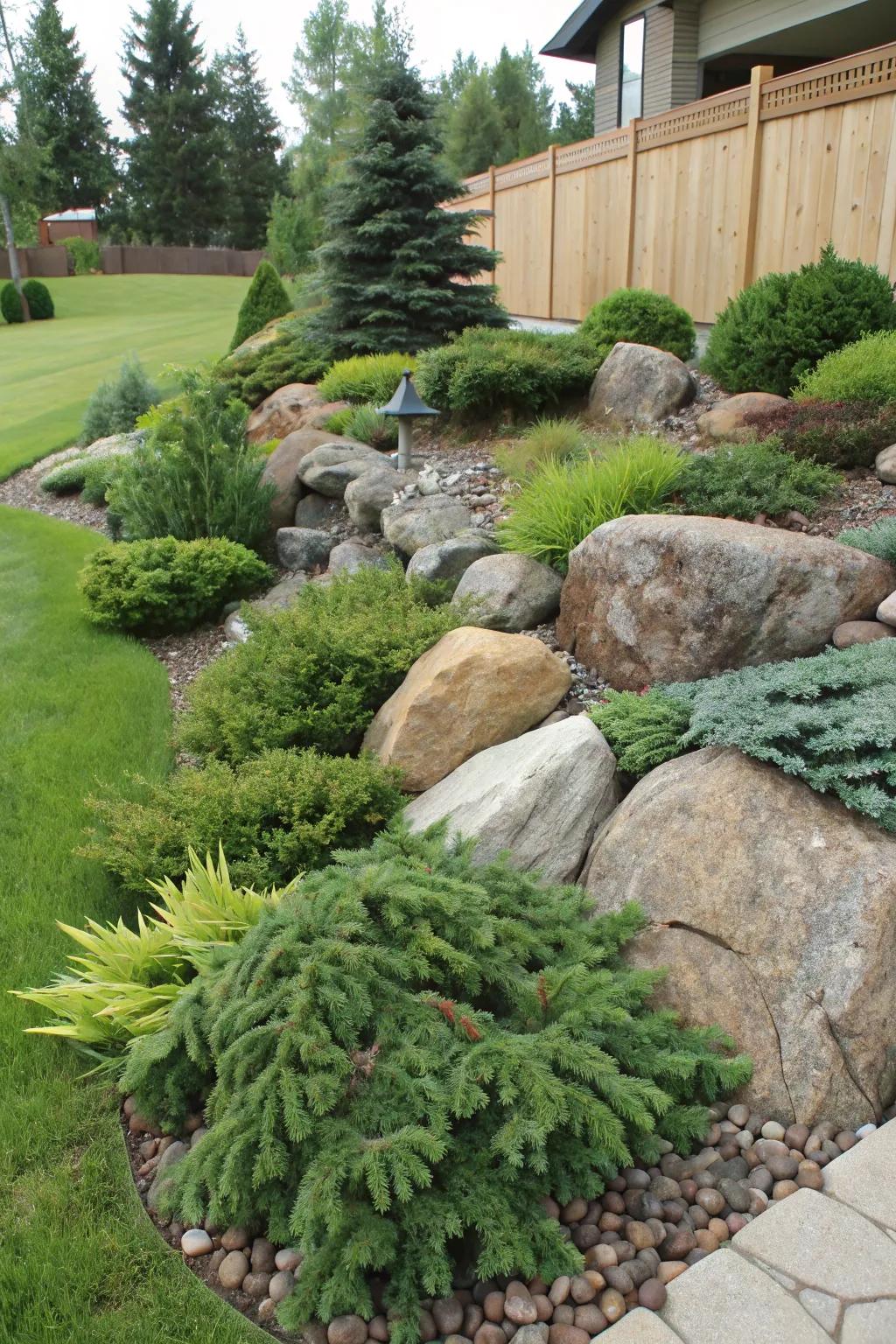 A rock garden with evergreens introduces texture and intrigue.