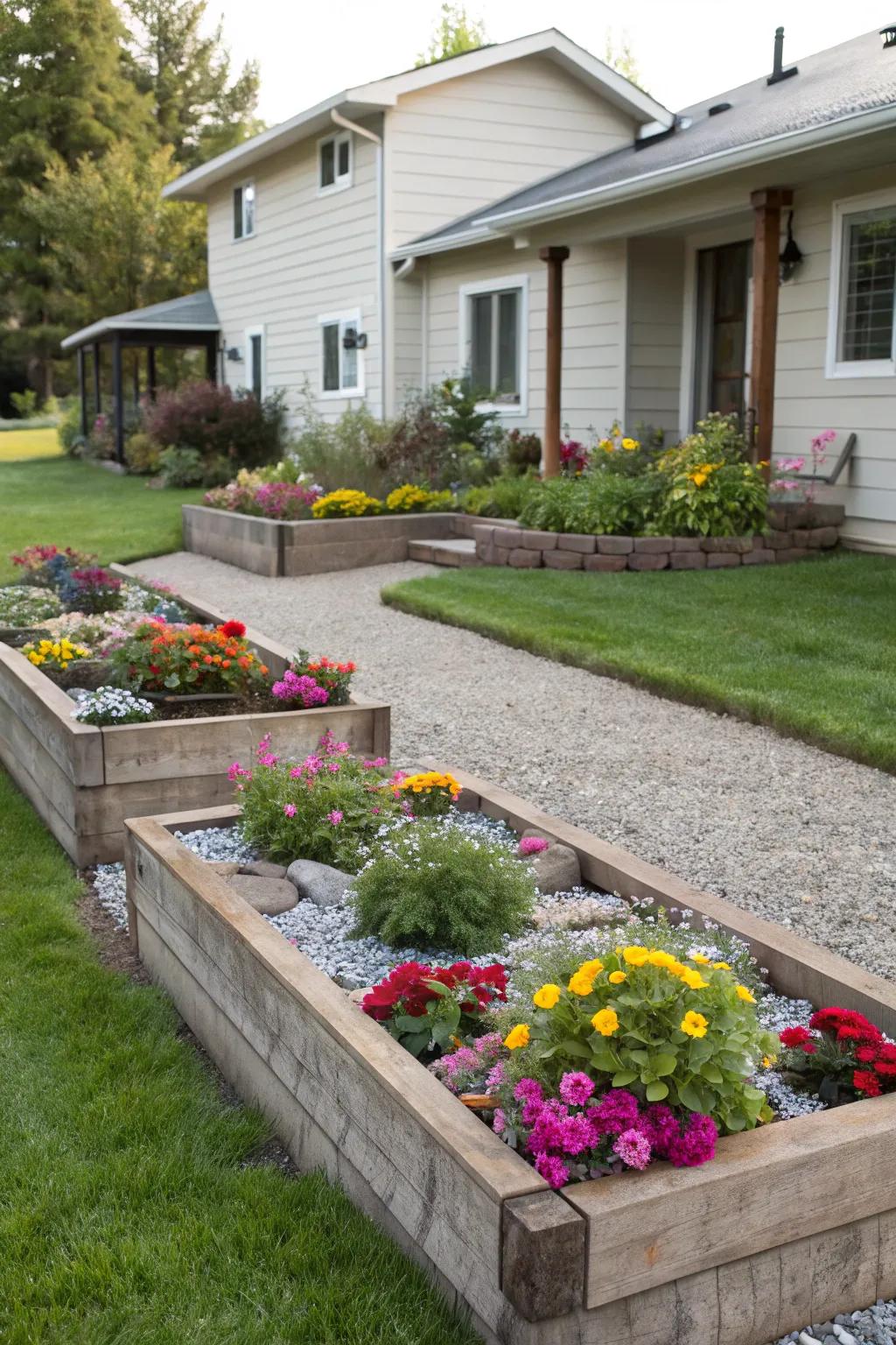 Elevated garden beds filled with gravel and blooms create visual interest.
