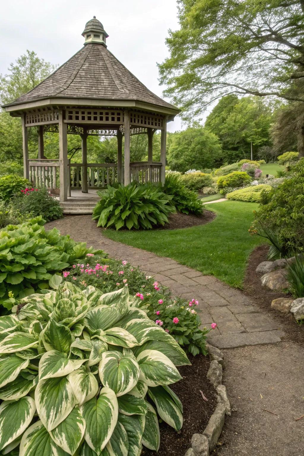 Leafy glories gracefully frame garden frameworks.