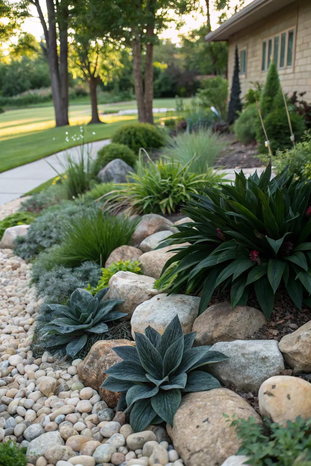 Dark green plants contrasting with stones in a visually striking garden design.