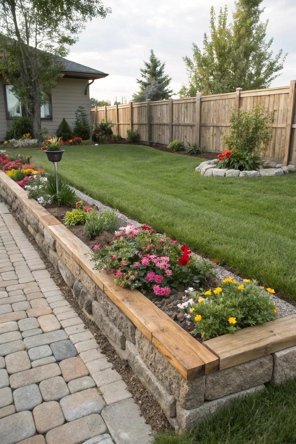Mixed material borders artfully define spaces, enhancing landscape aesthetics.