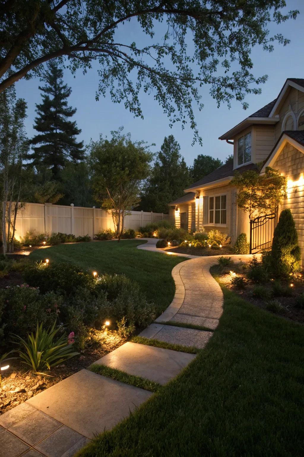 Garden illumination creates a warm, welcoming ambiance at night.