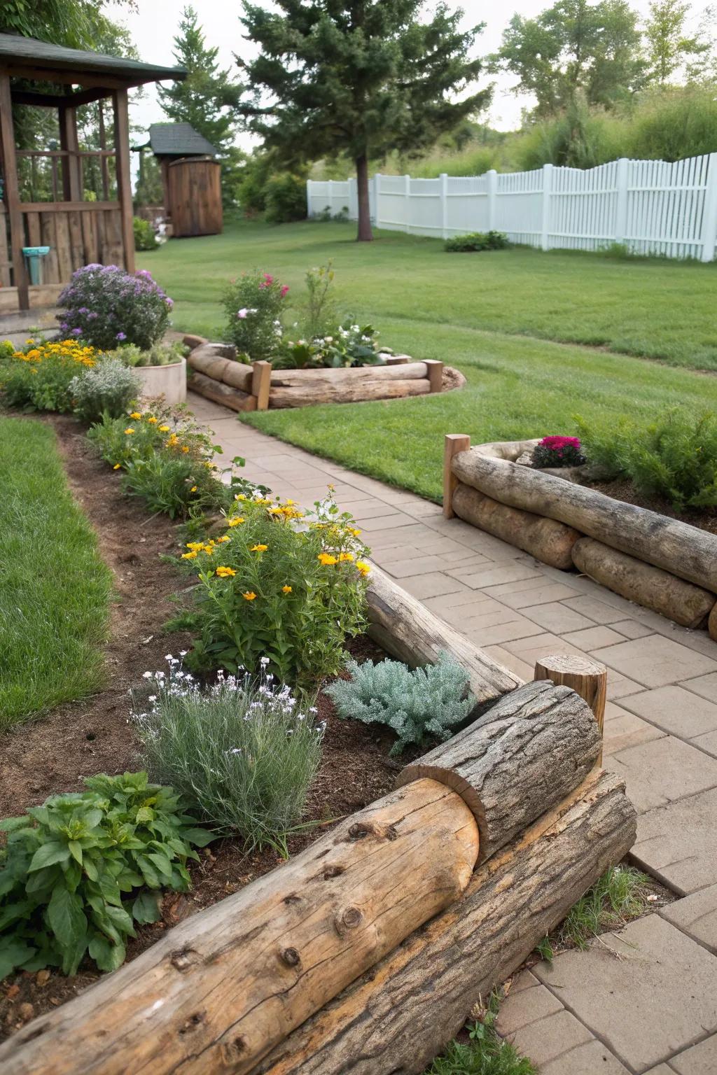 Log borders proffer a rustic and spontaneous means to mark your property perimeters.