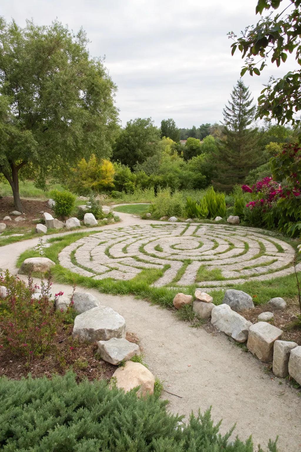 A labyrinth crafted from white rocks offers a meditative journey.