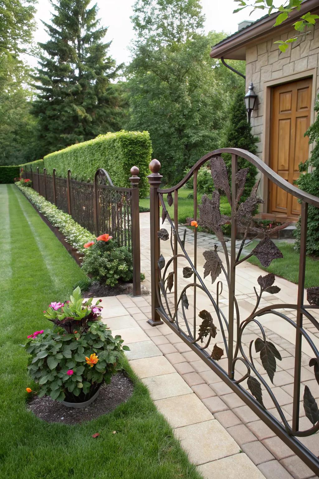 A custom forged metal barrier with nature-inspired designs creating a unique look.