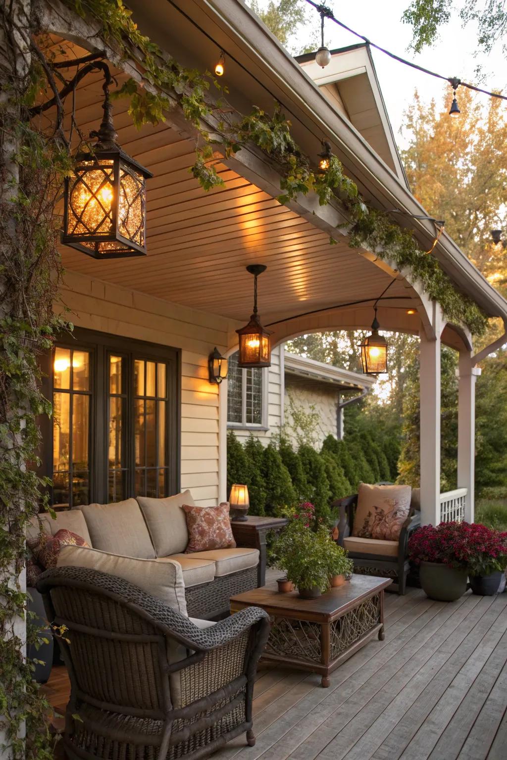 Timeless illumination adds a nostalgic charm to the porch.