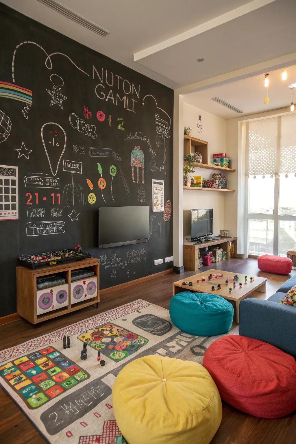 A chalkboard wall adds a playful and interactive element to your game room.